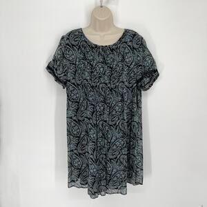 Lucky Brand Paisley Pintuck Pleats Short Sleeve Lined Dress Size L Blue, Black